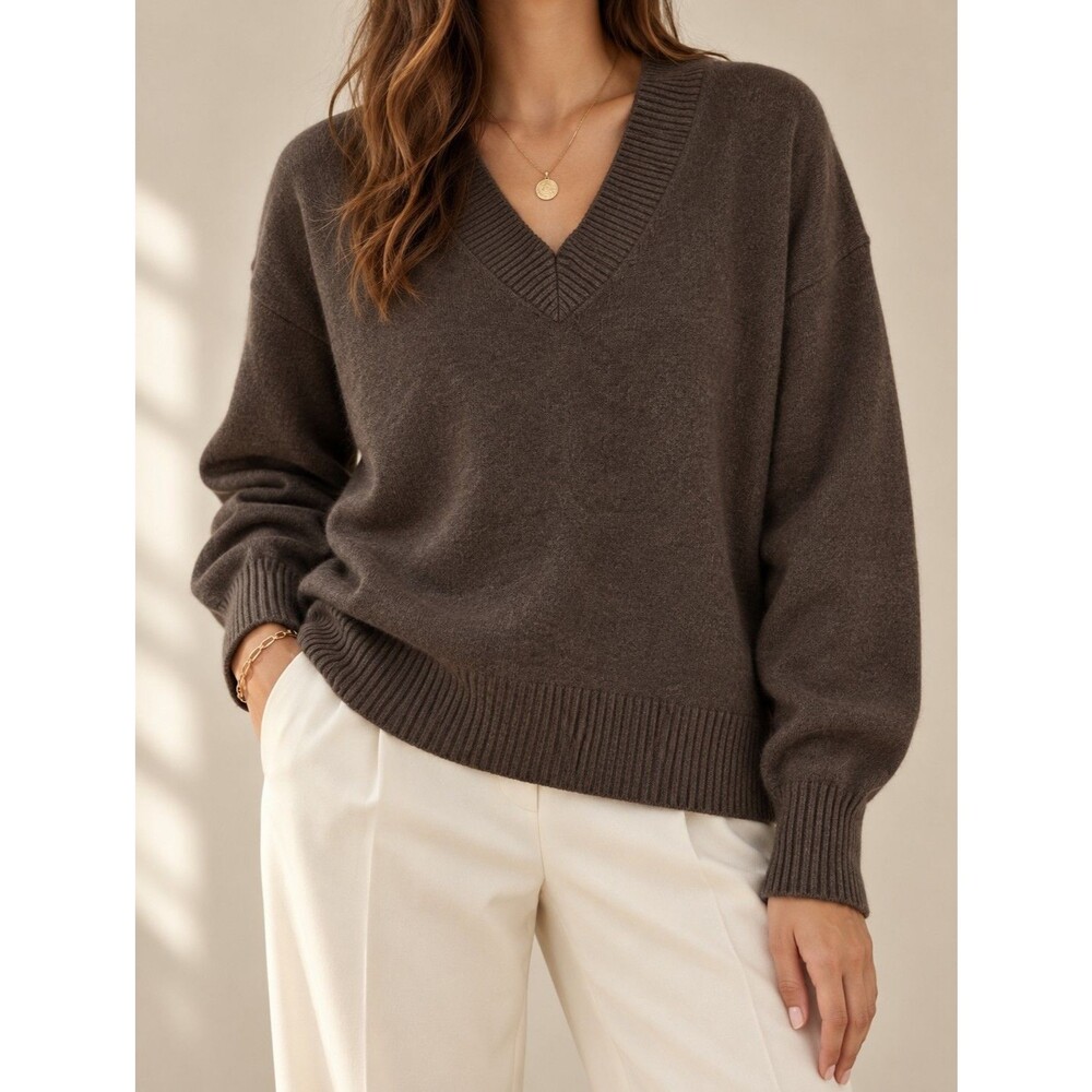 Quince Mongolian Cashmere Oversized V-Neck Sweater in Brown, size XL